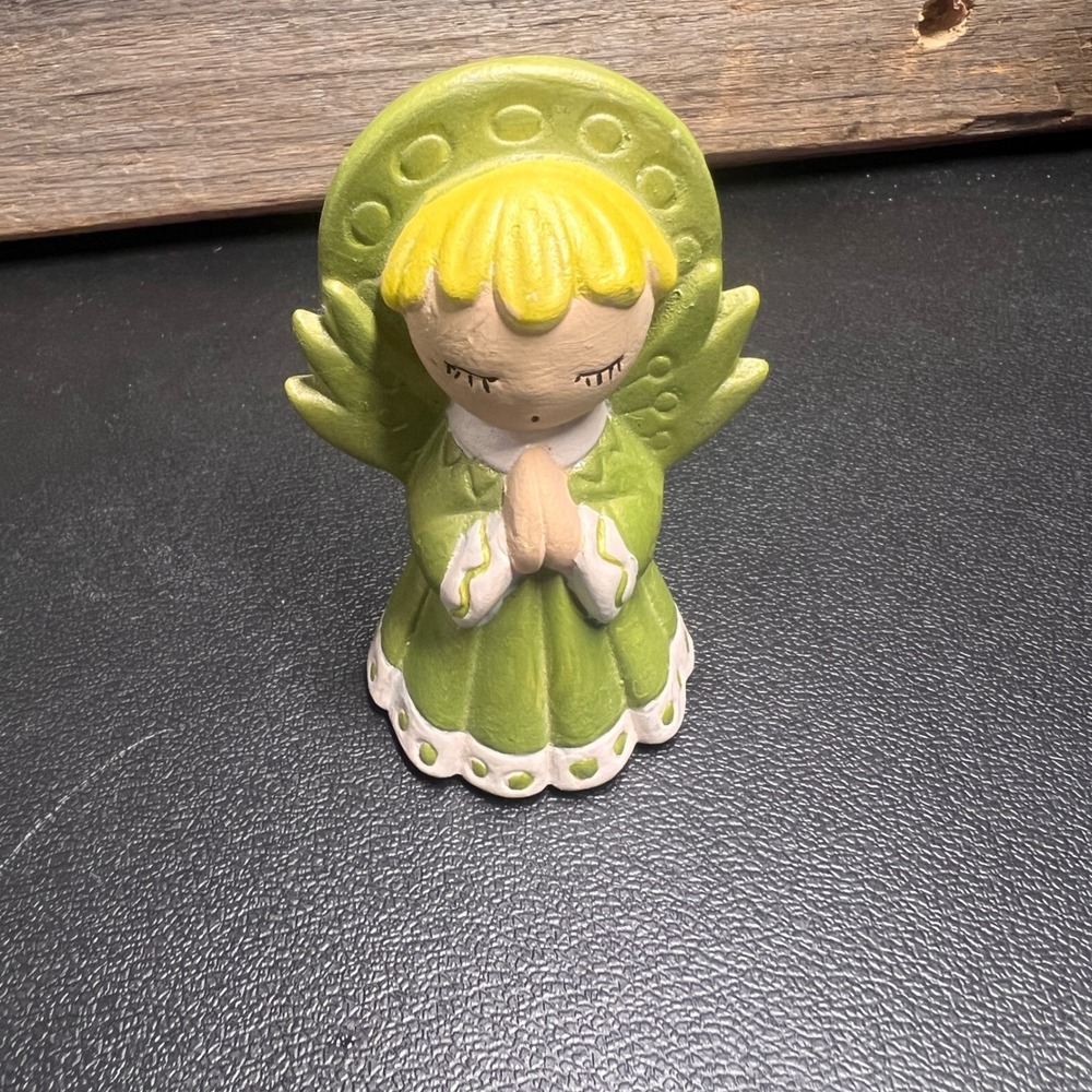 Vintage Ceramic Praying Angel Figurine Green Robe Yellow Hair 3.5 Inch